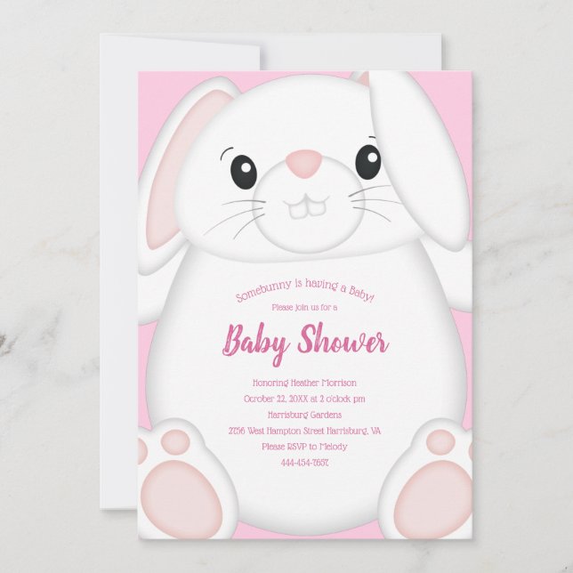 Invitation Lapin Baby shower rose (Devant)