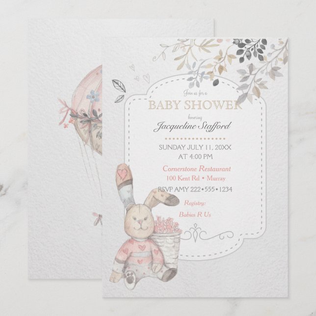 Invitation Lapin bébé à l'aquarelle genre neutre (Devant / Derrière)