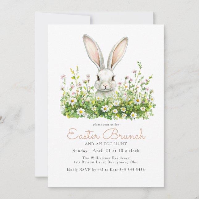 Invitation Lapin blanc et fleurs Chasse aux oeufs de Brunch d (Devant)