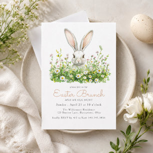 Invitation Lapin blanc et florales Chasse aux œufs de Pâques