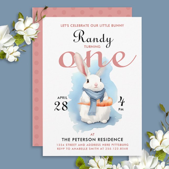 Invitation Lapin blanc rose bleu mignon pour le premier anniv (Créateur téléchargé)