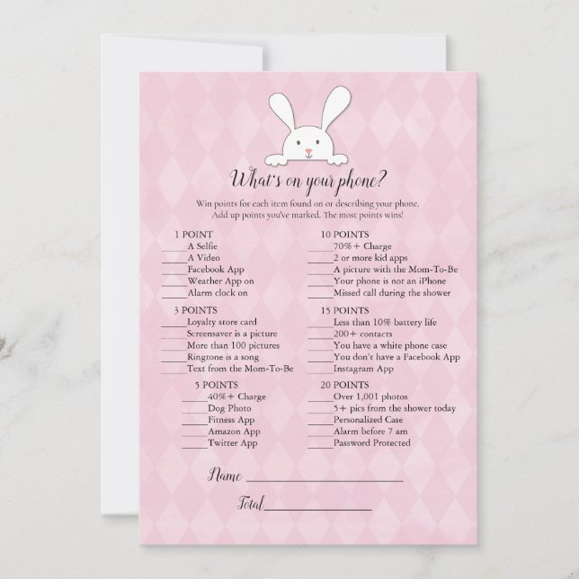Invitation Lapin blanc rose Quel est le jeu de votre téléphon (Devant)