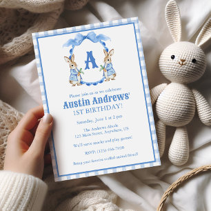 Invitation Lapin Bleu Lapin En vichy Monogramme Crest Anniver