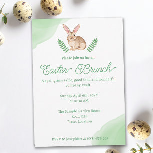 Invitation Lapin Brun Aquarelle Brunch de Pâques Vert