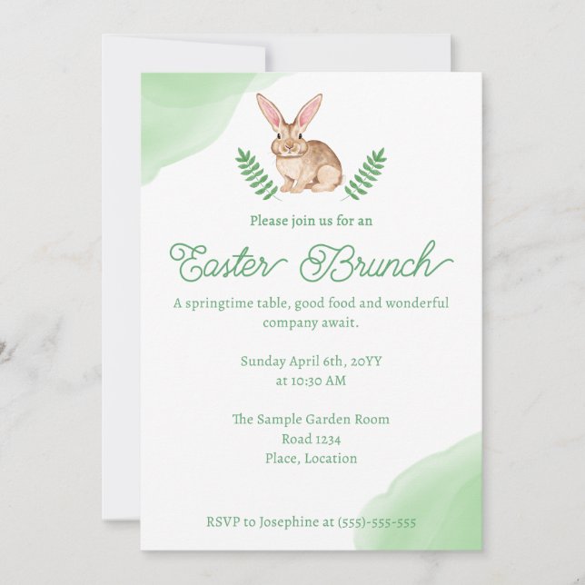 Invitation Lapin Brun Aquarelle Vert Brunch de Pâques (Devant)