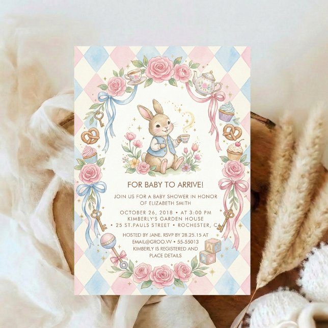 Invitation Lapin Coquette Baby Shower Fleur Rose Pâle (Créateur téléchargé)