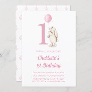 Invitation Lapin Cute et Balloon rose 1er anniversaire