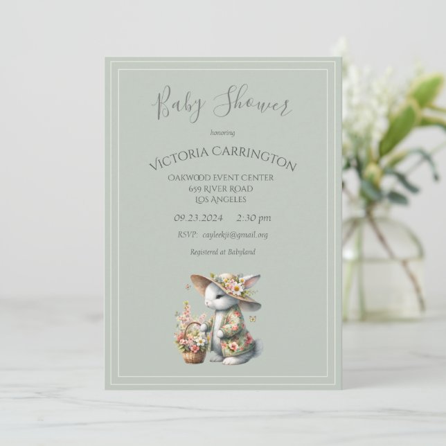 Invitation Lapin dans un Baby shower de fille florale Bonnet (Debout devant)