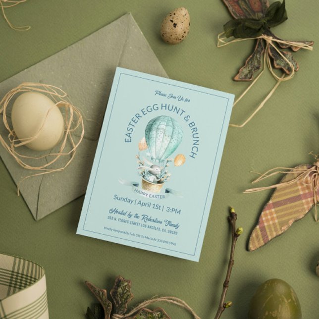 Invitation Lapin dans un panier de ballon chaud avec fleurs d (Créateur téléchargé)