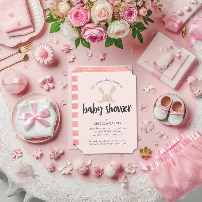 Invitation Lapin de Baby Shower Bébé Fille Rose (Créateur téléchargé)