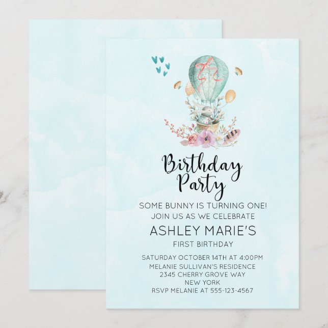 Invitation Lapin de bébé fantaisiste dans une fête d'annivers (Devant / Derrière)