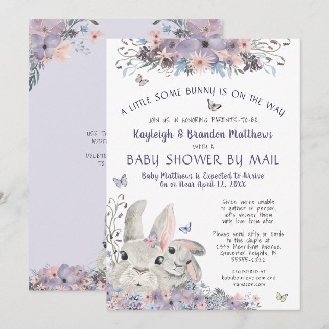 Invitation Lapin De Bois Floral Purple Baby shower Par Courri (Devant / Derrière)