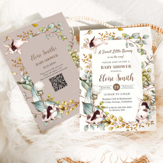 Invitation Lapin de botanique vintage Bébé Shower QR