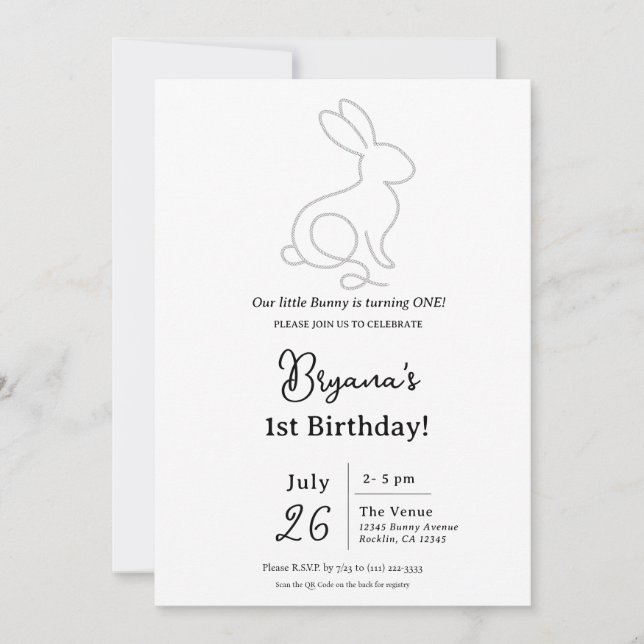 Invitation Lapin de corde Minimal Moderne 1er Anniversaire (Devant)