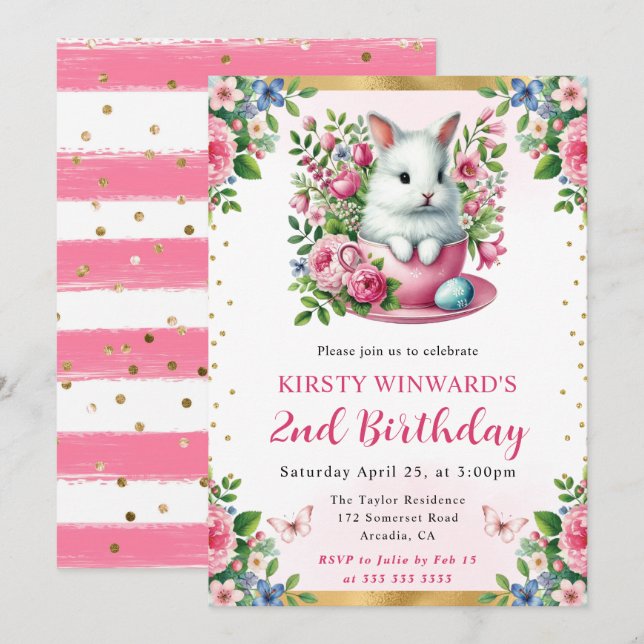 Invitation Lapin de Pâques à l'aquarelle Fleurs de printemps  (Devant / Derrière)