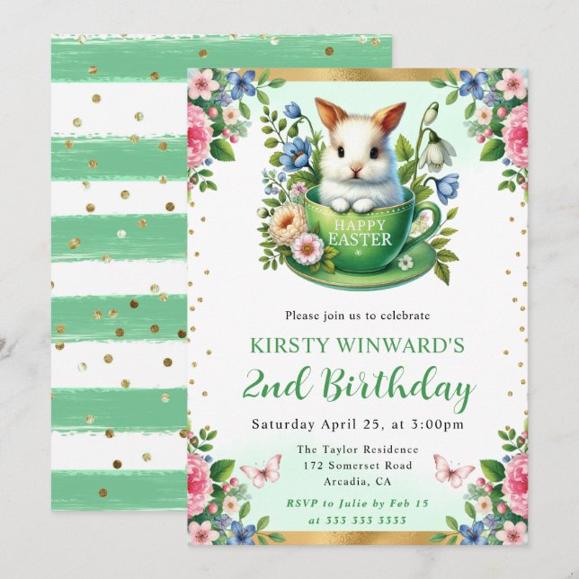 Invitation Lapin de Pâques à l'aquarelle Fleurs de printemps  (Devant / Derrière)
