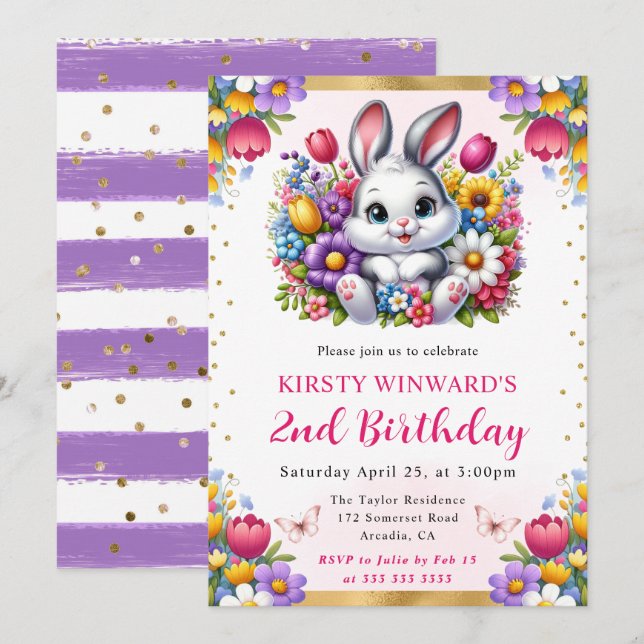 Invitation Lapin de Pâques aquarelle Fleurs de printemps Anni (Devant / Derrière)