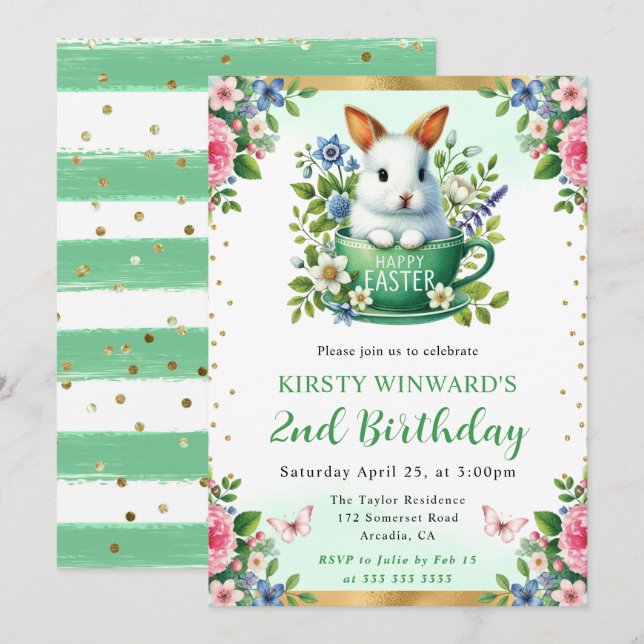 Invitation Lapin de Pâques aquarelle Fleurs de printemps Anni (Devant / Derrière)