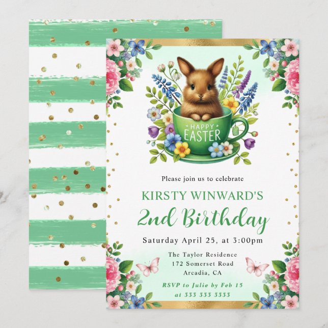 Invitation Lapin de Pâques aquarelle Fleurs de printemps Anni (Devant / Derrière)
