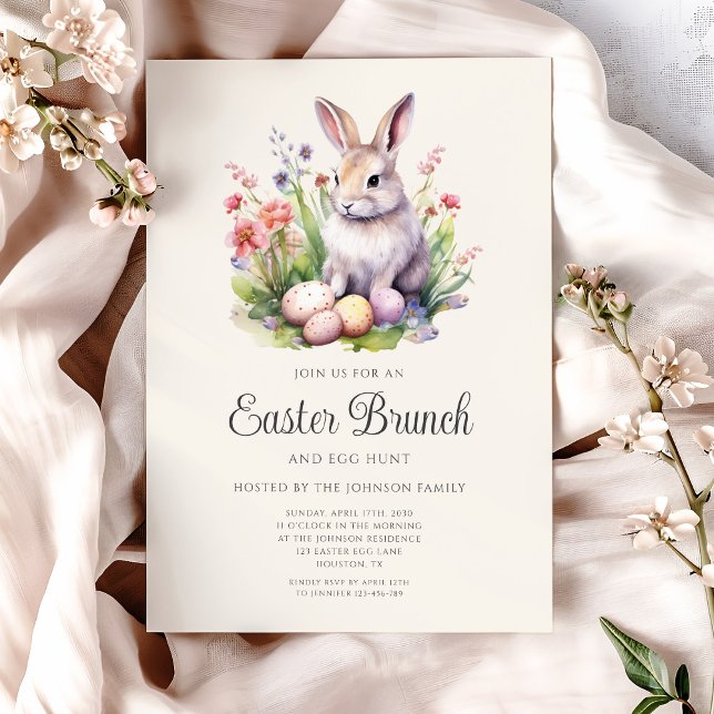 Invitation Lapin de Pâques aquarelle mignon Brunche  (Cute Watercolor Rabbit Easter Brunch Invitation)