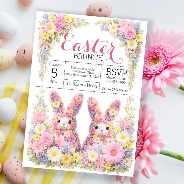Invitation Lapin de Pâques aux fleurs douces Chasse aux œufs  (Sweet Flower Bunny Rabbit Easter Egg Hunt Brunch Invitation by Ricaso. Bruch with family and friends)
