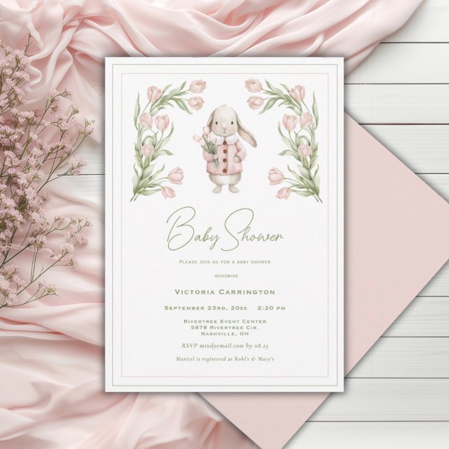 Invitation Lapin de Pâques aux tulipes roses Fête de bébé Ani (Créateur téléchargé)