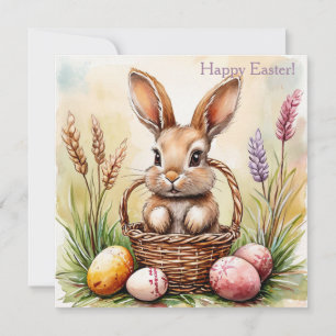 Invitation Lapin de Pâques avec oeufs peints, aquarelle