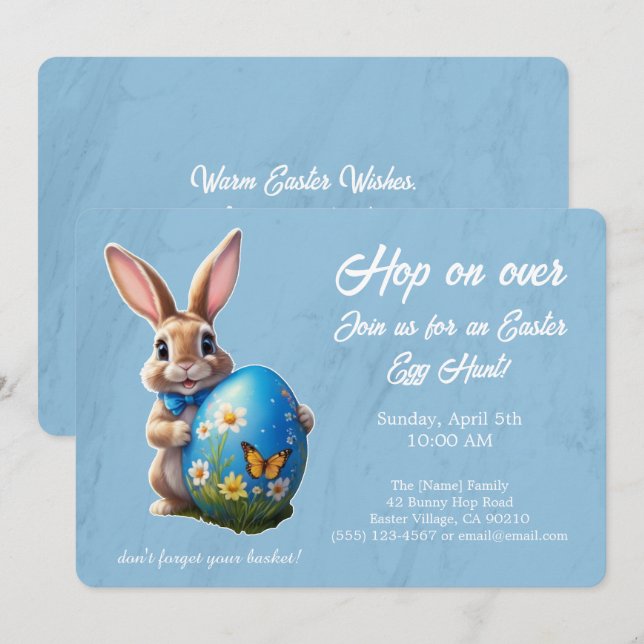 Invitation lapin de Pâques avec ruban bleu -  (Devant / Derrière)