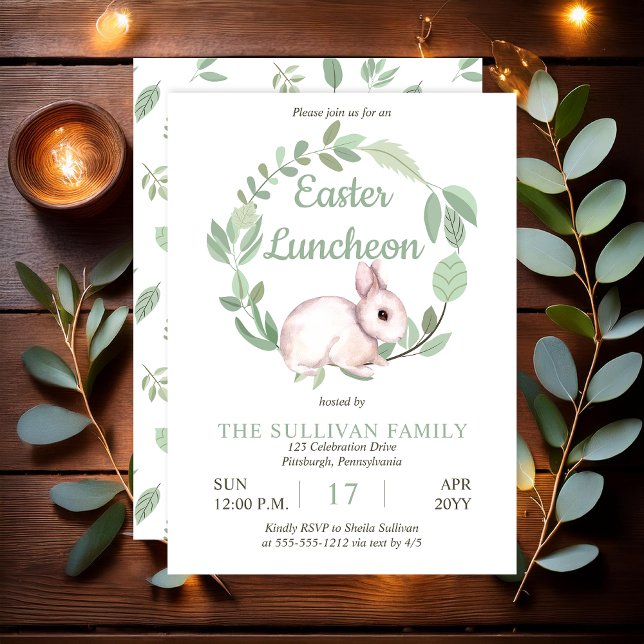 Invitation Lapin de Pâques Couronne Florale de Sauge  (Cute Easter Bunny Rabbit and Eucalyptus Wreath Sage Green Easter Luncheon Invitation - Print | Digi)