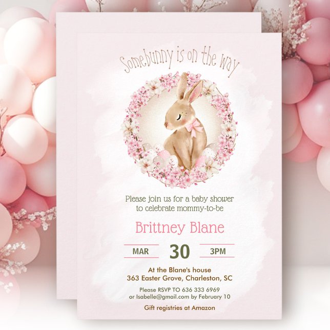Invitation Lapin de Pâques Elégant Baby shower Floral Rose Fi (Easter Bunny Elegant Pink Floral Girl Baby Shower Invitation)
