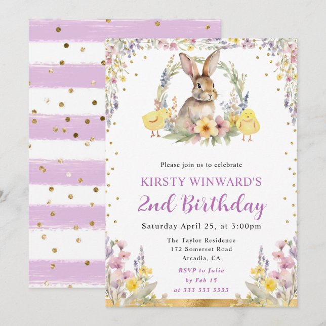 Invitation Lapin de Pâques et fleurs à l'aquarelle pour un an (Devant / Derrière)