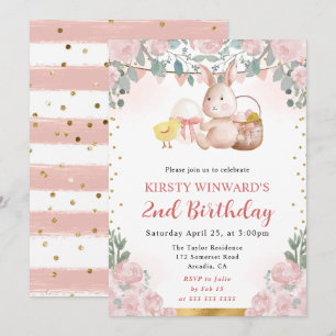 Invitation Lapin de Pâques et fleurs à l'aquarelle pour un an