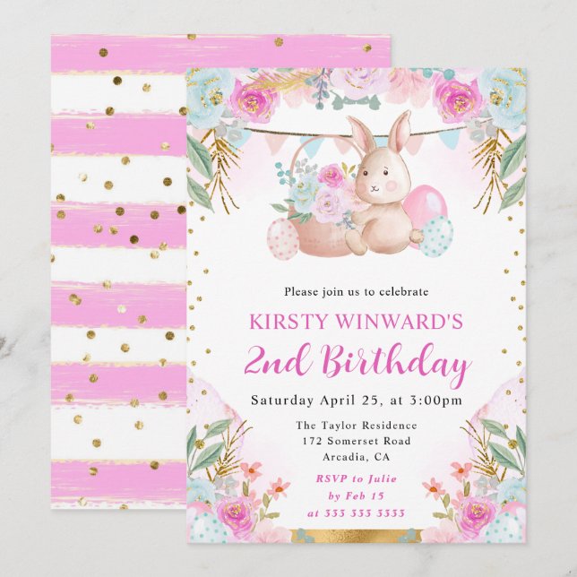 Invitation Lapin de Pâques et fleurs à l'aquarelle pour un an (Devant / Derrière)