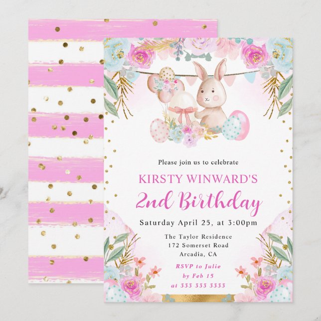 Invitation Lapin de Pâques et fleurs aquarelle Anniversaire (Devant / Derrière)