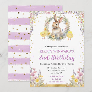 Invitation Lapin de Pâques et fleurs aquarelle Anniversaire