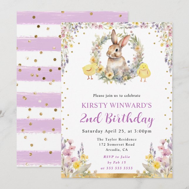 Invitation Lapin de Pâques et fleurs aquarelle Anniversaire (Devant / Derrière)