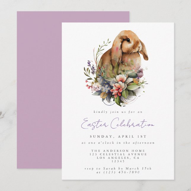 Invitation Lapin de Pâques Floral Aquarelle (Devant / Derrière)