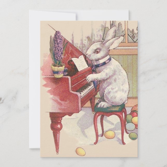 Invitation Lapin de Pâques jouant du piano Hyacinthe (Devant)