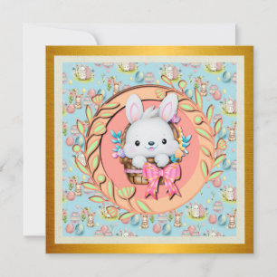Invitation Lapin de Pâques mignon assis dans le panier