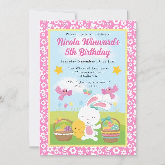 Invitation Lapin de Pâques mignon et poussin Printemps Annive (Devant)