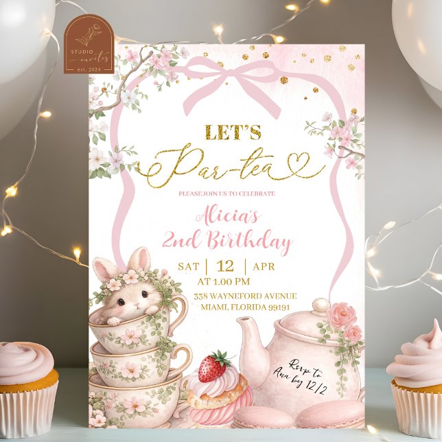 Invitation Lapin de printemps Coquette rose Thé Par Tea Anniv (Créateur téléchargé)
