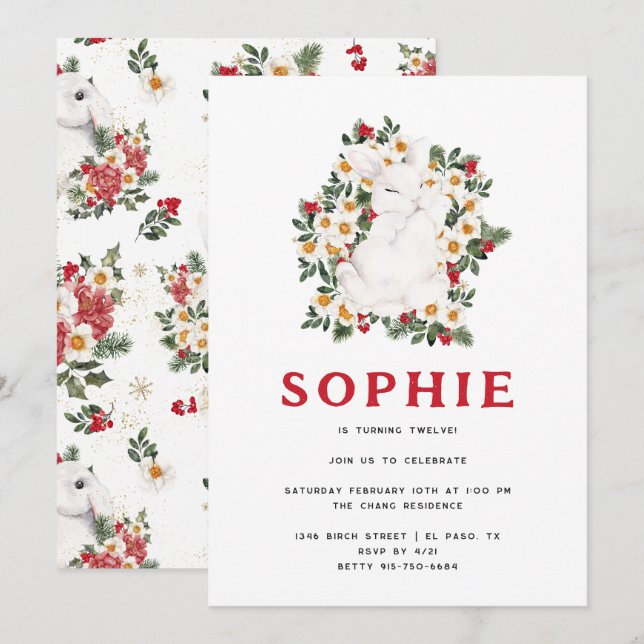 Invitation Lapin d'hiver Floral | Fête d'anniversaire (Devant / Derrière)