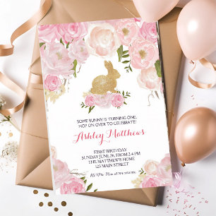 Invitation Lapin doré Fleurs roses Anniversaire
