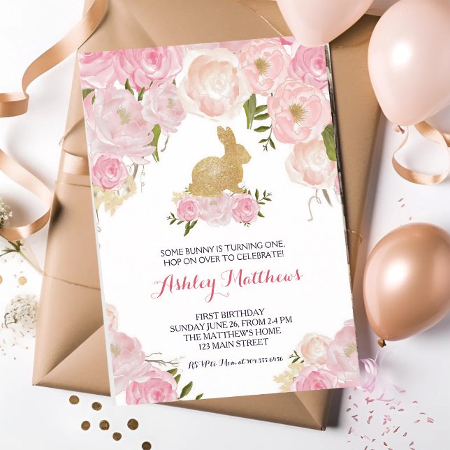 Invitation Lapin doré Fleurs roses Anniversaire (Créateur téléchargé)