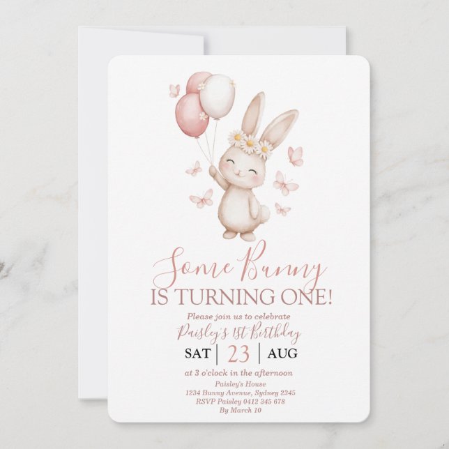 Invitation Lapin Douce Teinte Rose pour Premier Anniversaire (Devant)