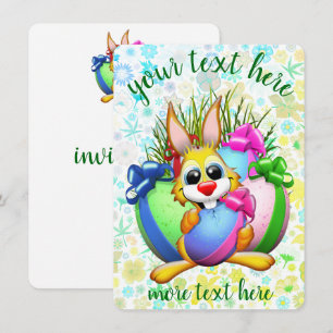 Invitation Lapin drôle mordant un œuf de Pâques