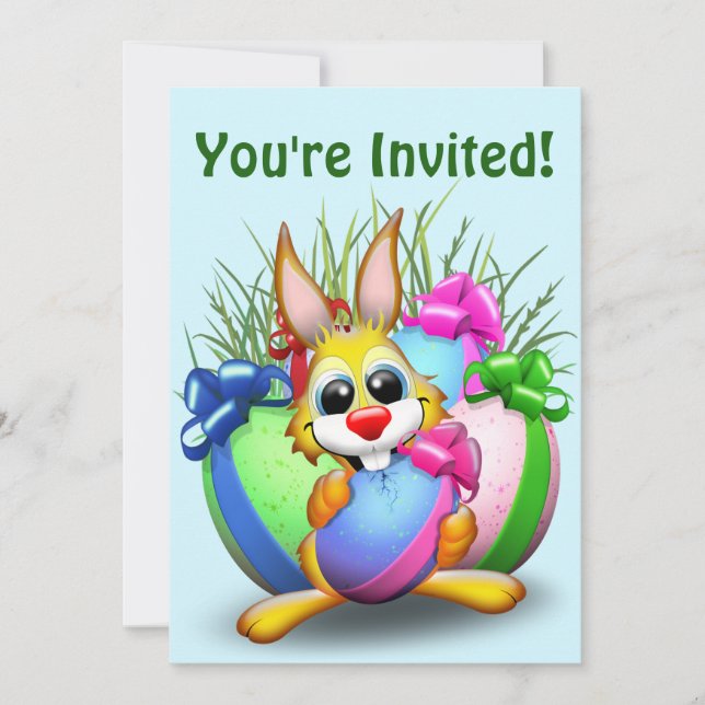 Invitation Lapin drôle mordant un œuf de Pâques (Devant)