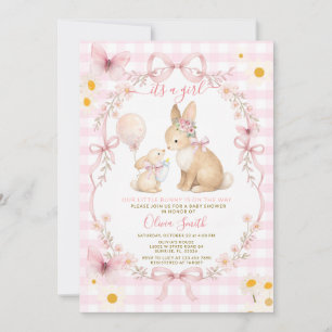 Invitation Lapin en vichy rose Baby Shower Papillon Marguerit