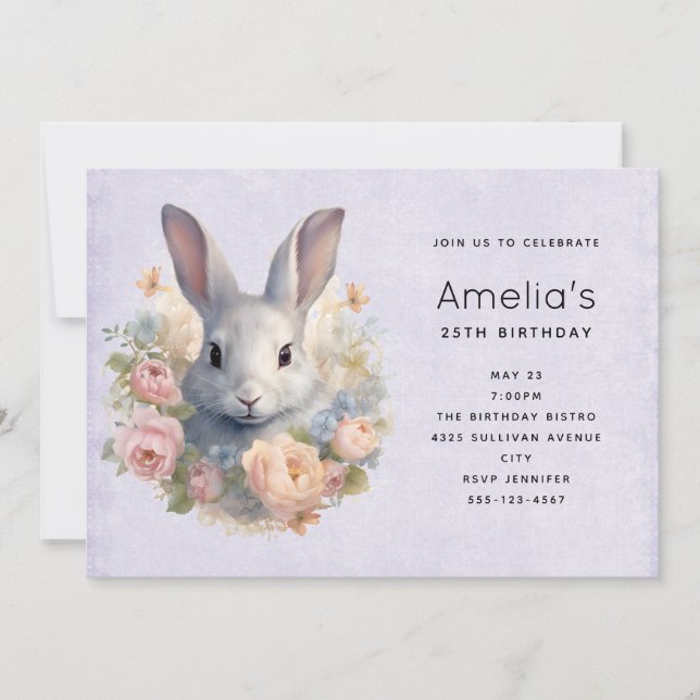 Invitation Lapin entouré de fleurs pastel Joyeux Anniversaire (Devant)