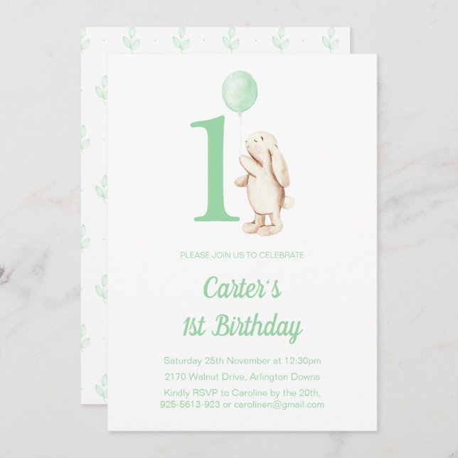 Invitation Lapin et Balloon Vert 1er Anniversaire (Devant / Derrière)